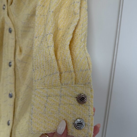 NWT Maje Rillo Mini Shirt Dress Jaune Pale Lurex Tweed Asymmetrical Button Front - Picture 4 of 9